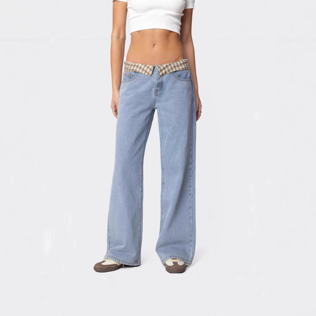 Damen nan weite Schlagjeans mit umgeschlagenem Karobund und klassischem Five-Pocket-Schnitt Drune