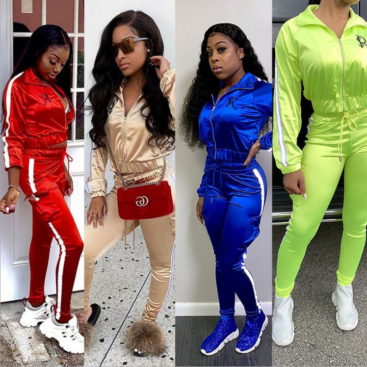Damen Satin-Jogginganzug-Set mit Reißverschlussjacke, Seitenstreifen und Cargo-Taschen Drune