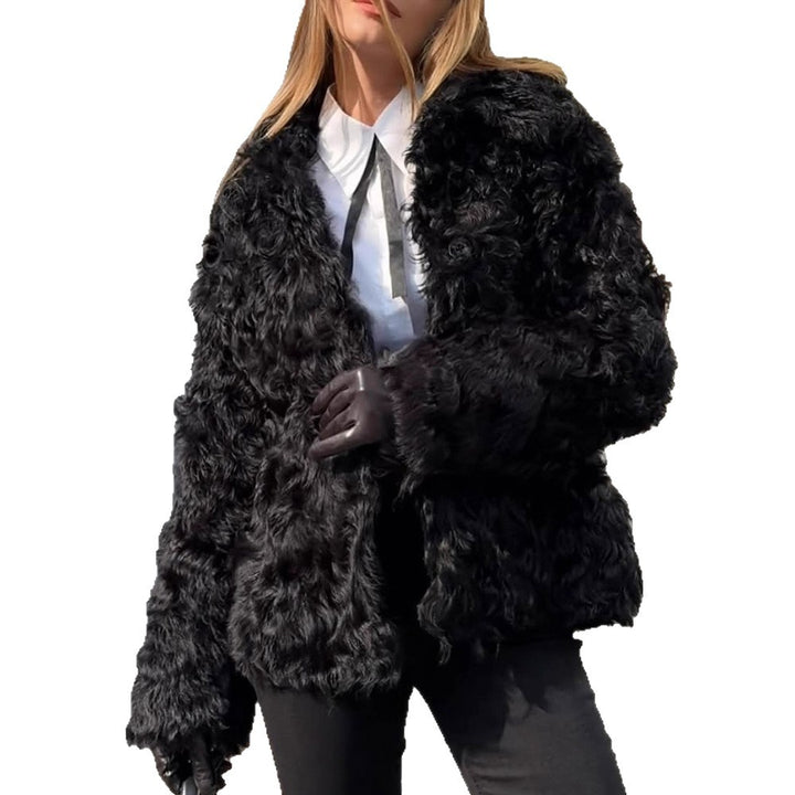 Damen Boxy-Kurzmantel aus gewelltem Faux-Fur mit strukturierter Wellenoptik und offener Front Drune