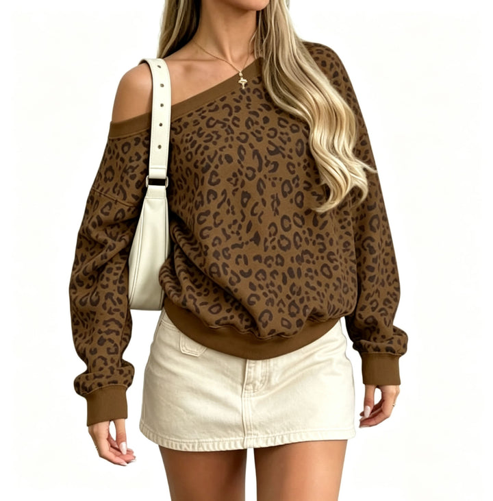 Damen Schulterfreier Leoparden-Print Sweatpullover mit Oversize-Schnitt Drune