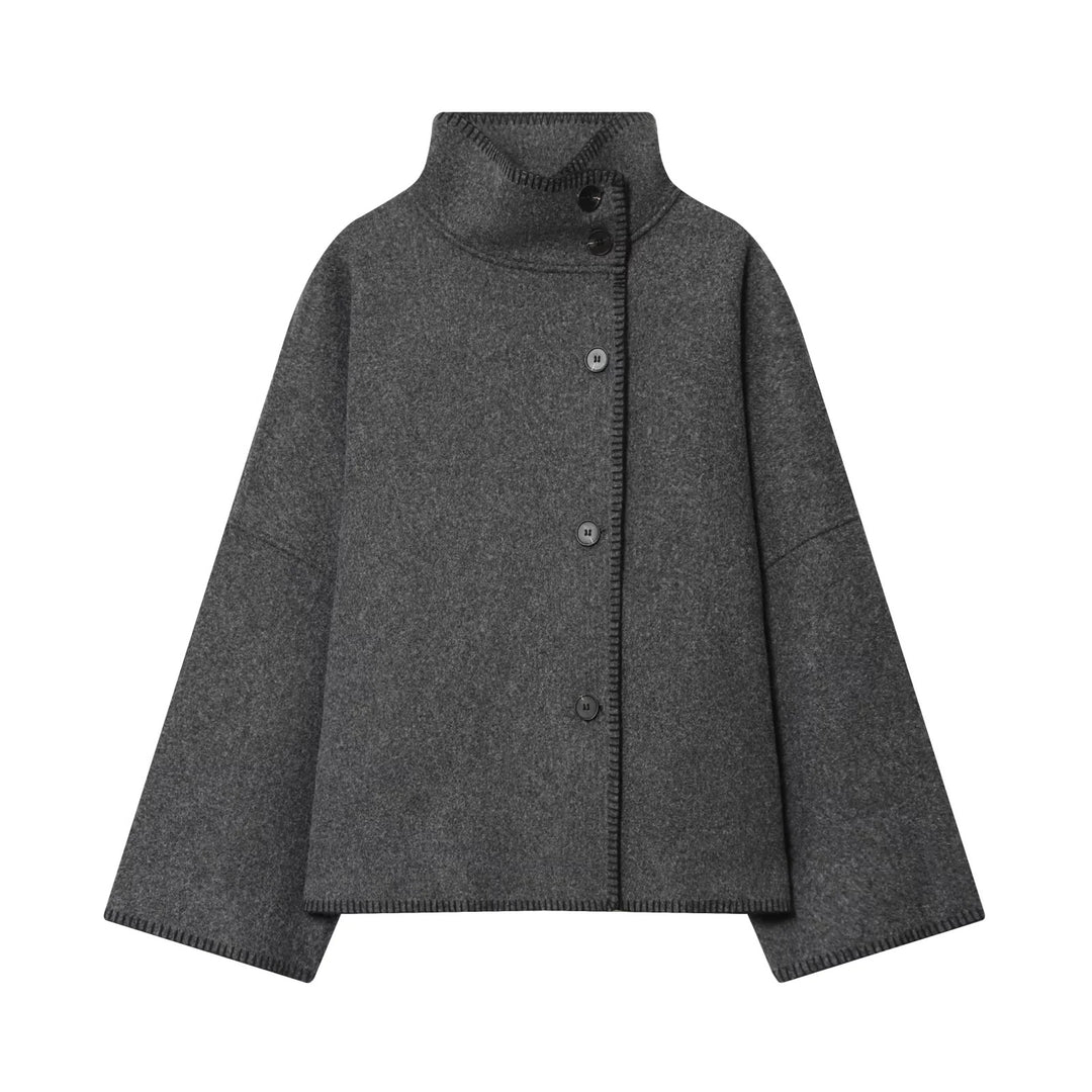 Damen nan weite Wollcape-Jacke mit hohem Stehkragen und asymmetrischer Knopfleiste Drune
