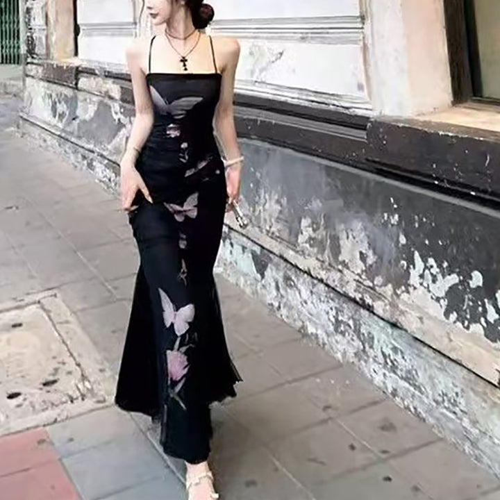Damen elegantes Wickelkleid mit floralem Schmetterlingsdruck und verstellbaren Spaghetti-Trägern Drune