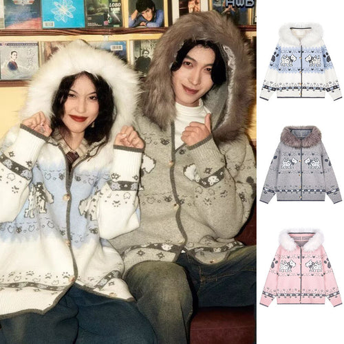 Damen Gemütliche Strickjacke mit Tiermuster und Pelzkragen Drune