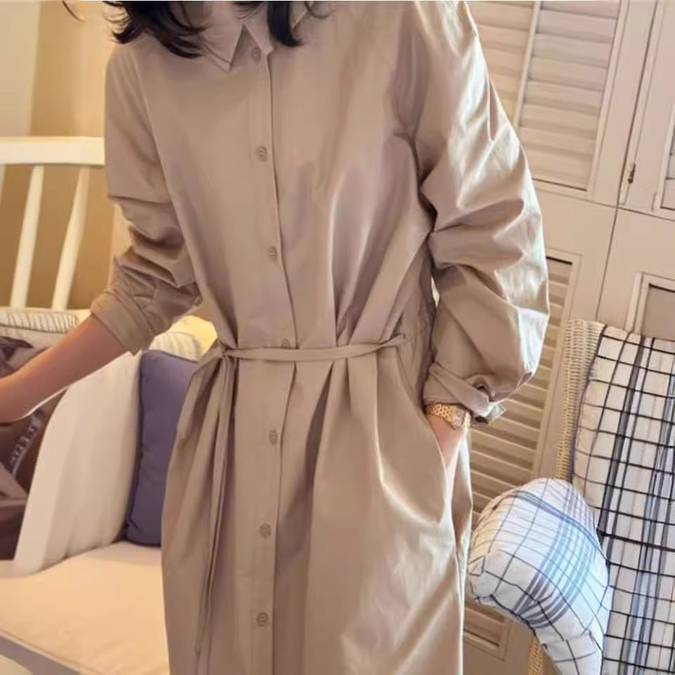 Damen Langärmeliges Hemdblusen-Maxikleid mit Taillengürtel und Eingrifftaschen Drune
