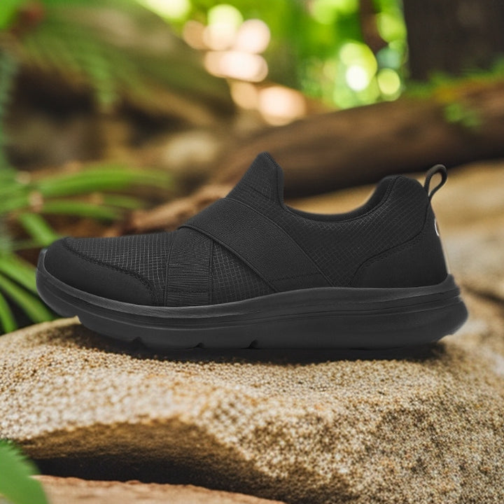 Damen nan elastischer Slip-On Komfort-Sneaker mit atmungsaktivem Strickoberteil, gekreuzten Stretchriemen und dämpfender EVA-Sohle Drune