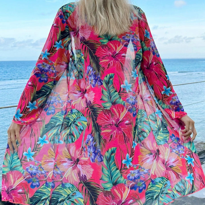 Damen ärmelloses Bikini-Set mit floralem Kimono und modischer Shorts Drune