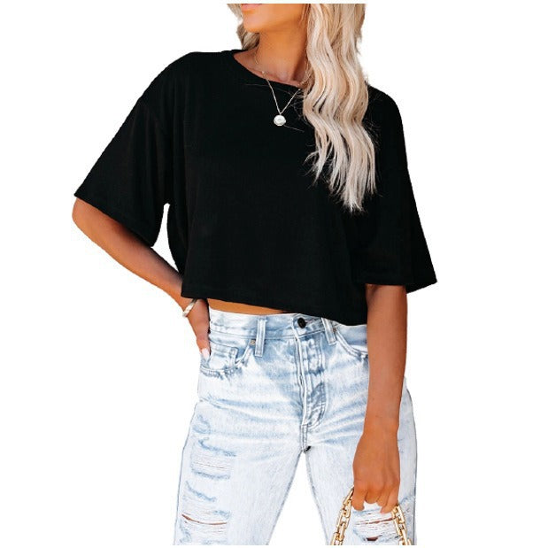 Damen lässiges cropped T-Shirt mit weitem Schnitt und kurzen Ärmeln Drune