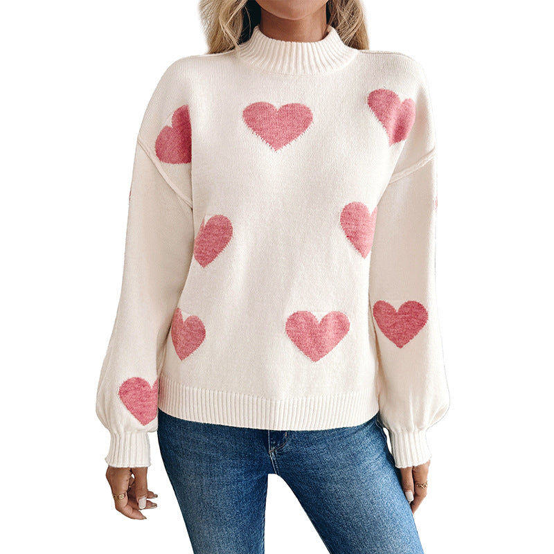 Damen Kuscheliger Strickpullover mit Herzjacquard und Stehkragen Drune