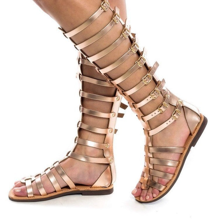 Damen kniehohe Gladiatorensandalen mit verstellbaren Riemen und flacher Lederlaufsohle Drune
