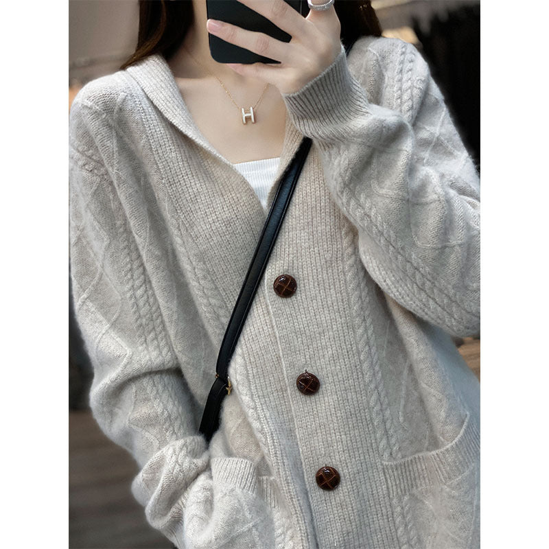 Damen Strickjacke mit Kapuze und großen Knöpfen Drune