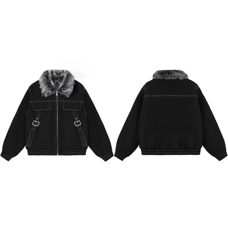 Damen wattierte Bomberjacke mit Kunstfellkragen, Kontrastnähten und Schnallen-Details Drune