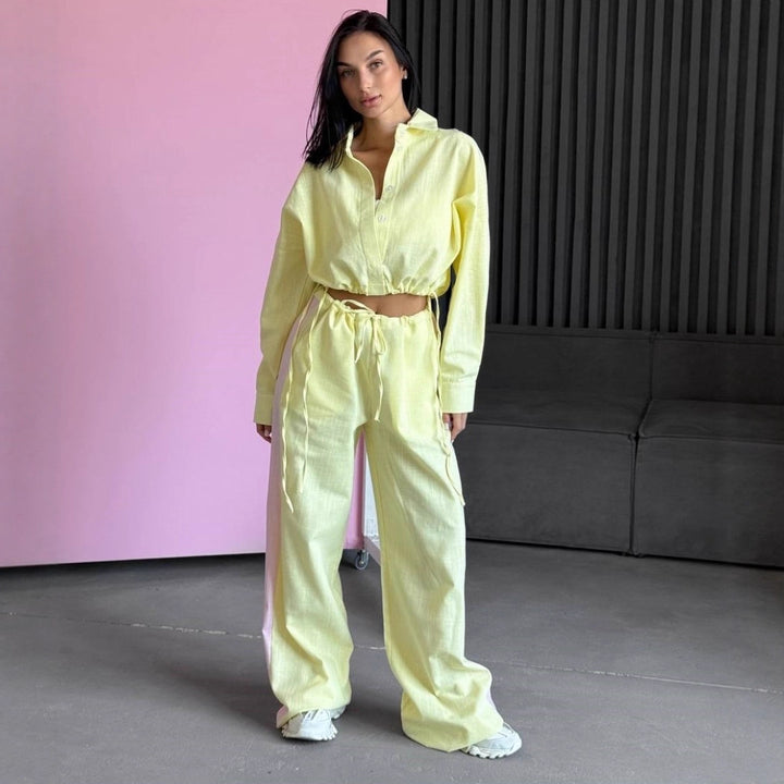 Damen kurzes Hemd mit Kordelzug und weite hochgeschnittene Leinenhose Set Drune