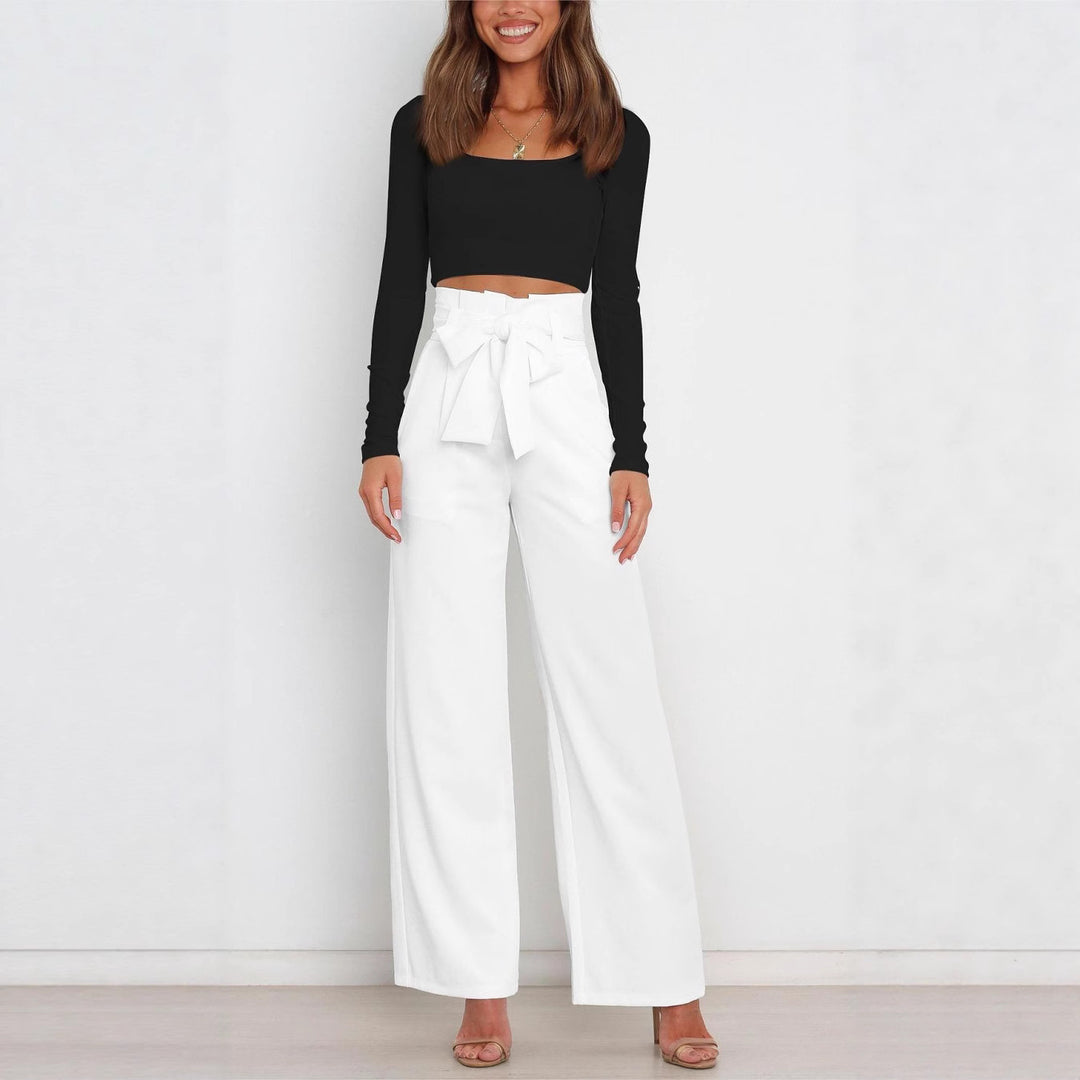 Damen elegante Hochbundhose mit Bindegürtel und weitem Bein Drune