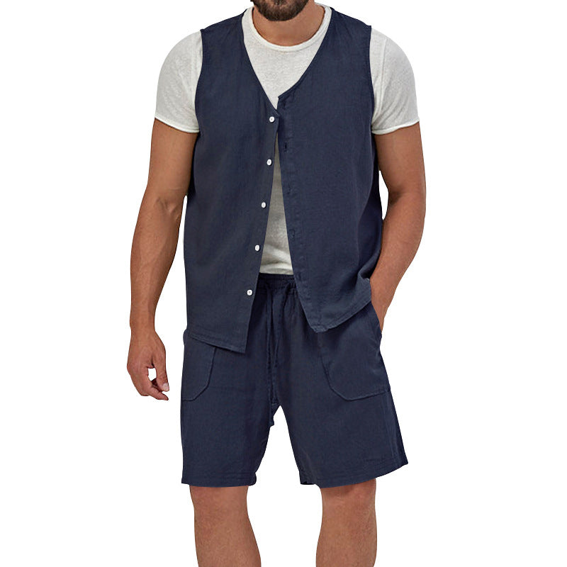 Herren nan zweiteiliges Freizeit-Set mit ärmelloser Knopfweste und weiten Kordelzug-Shorts mit aufgesetzten Taschen Drune
