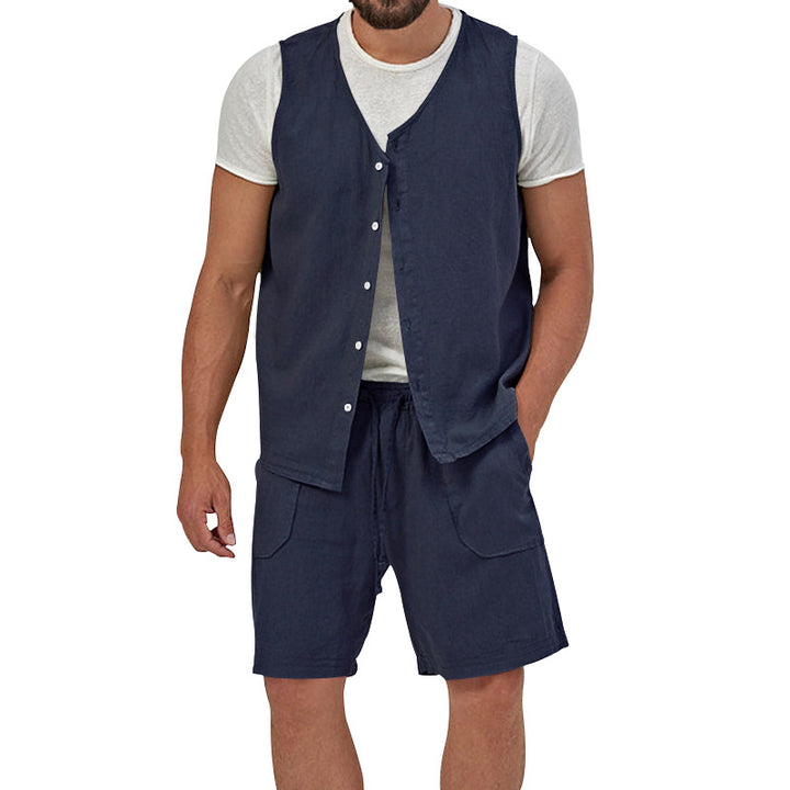 Herren nan zweiteiliges Freizeit-Set mit ärmelloser Knopfweste und weiten Kordelzug-Shorts mit aufgesetzten Taschen Drune