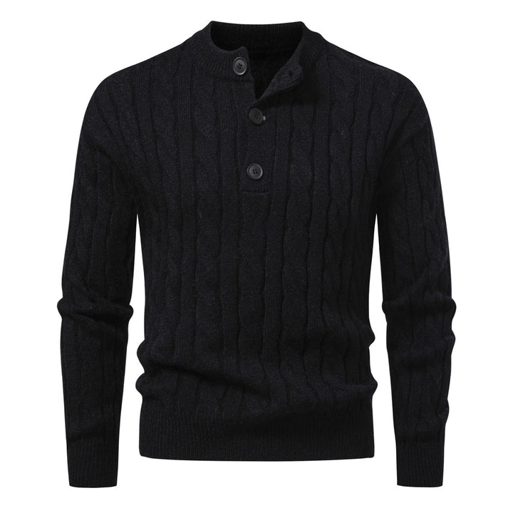 Herren Zopfmuster-Pullover mit kurzer Knopfleiste und Stehkragen Drune