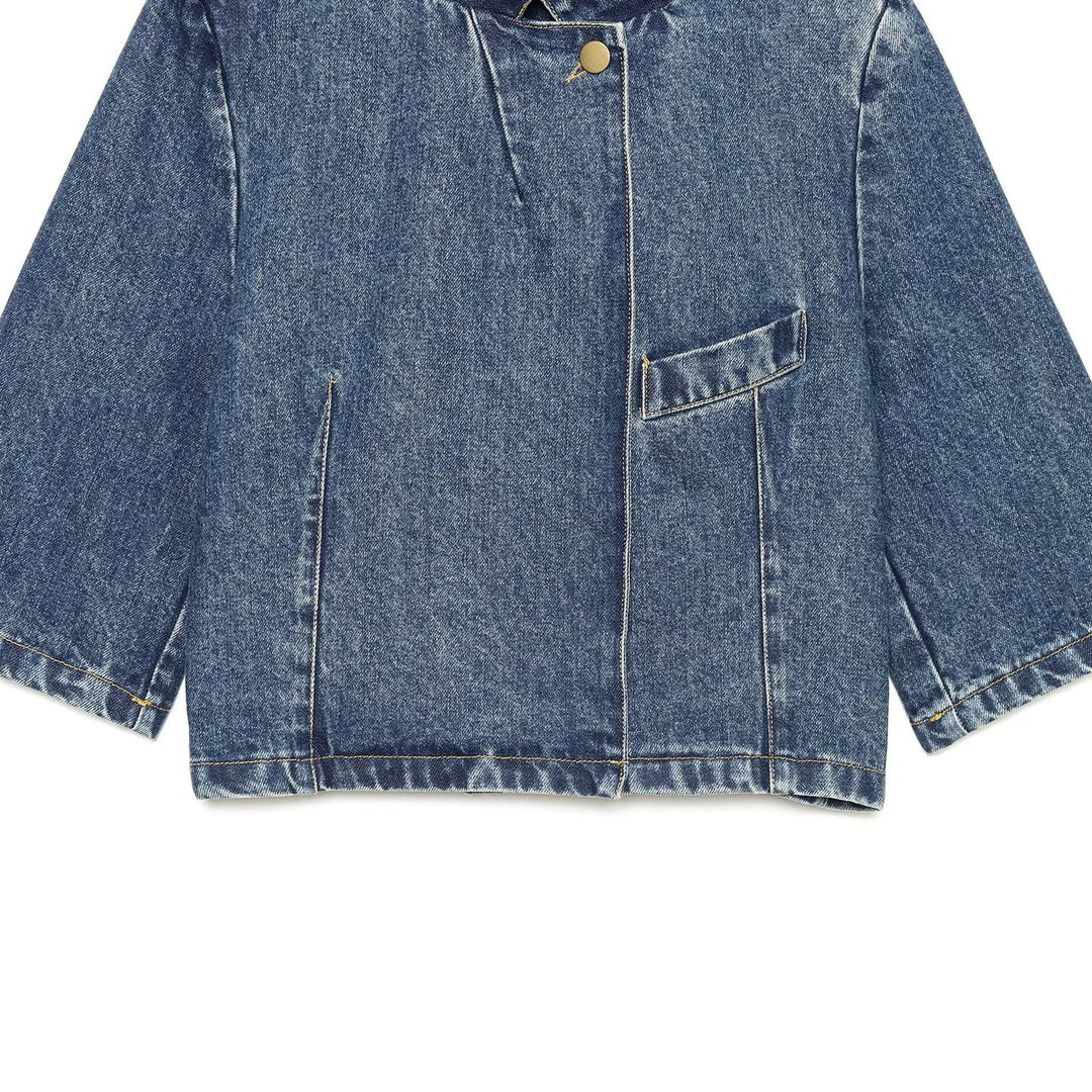 Damen Boxy Cropped Jeansjacke mit Stehkragen und dreiviertel Ärmeln Drune
