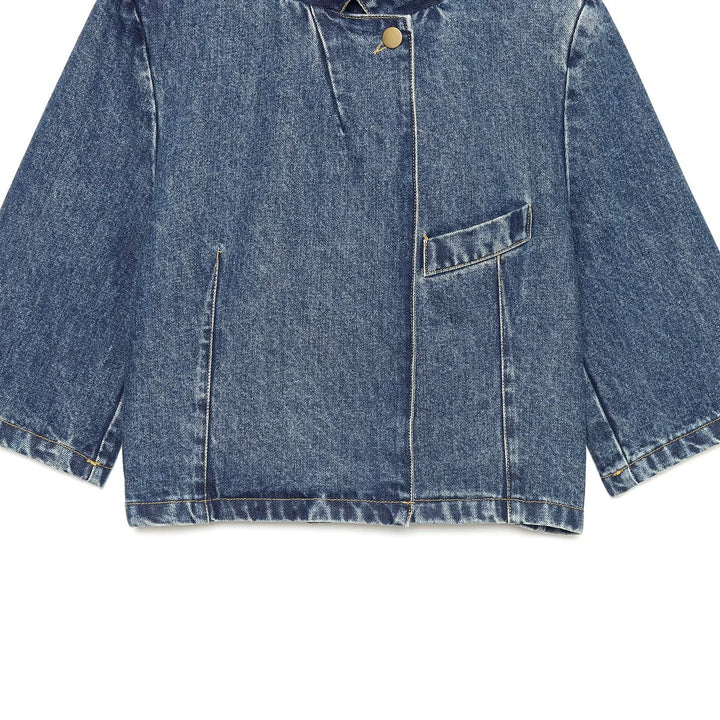 Damen Boxy Cropped Jeansjacke mit Stehkragen und dreiviertel Ärmeln Drune