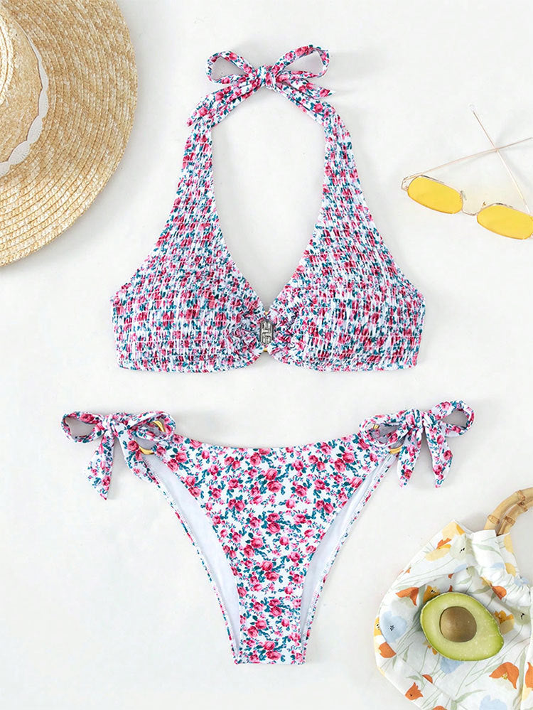 Damen Triangel-Bikini mit verspieltem Blumenmuster und komfortablen Schleifen Drune