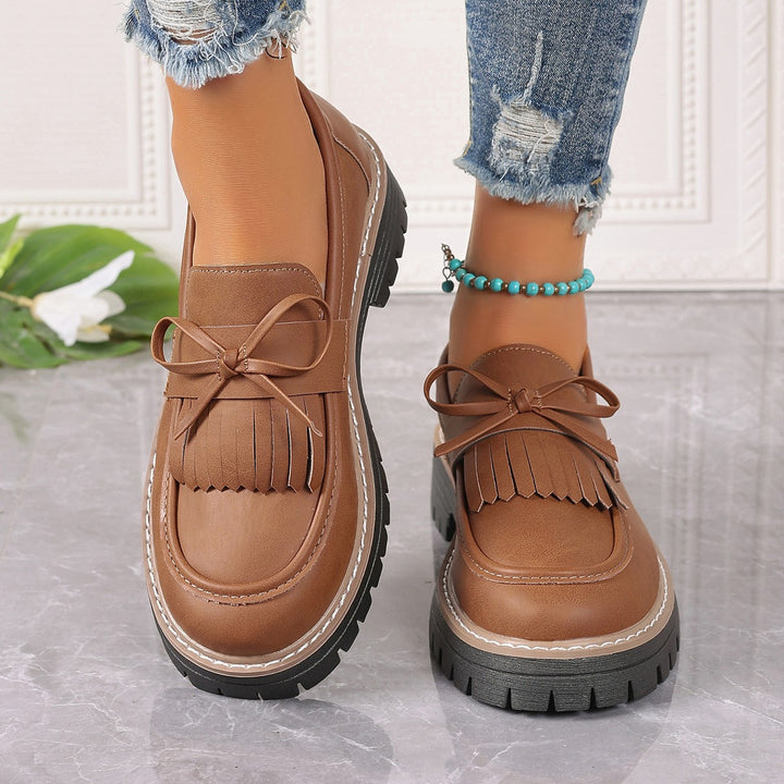 Damen modische Fransen-Loafer mit dekorativer Schleife und grober Profilsohle Drune