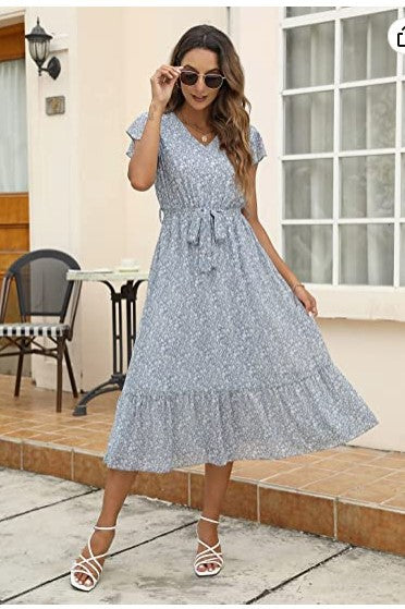 Damen Midi-Kleid mit floralem Design und Taillengürtel Drune