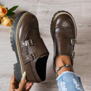 Damen Brogue-Monk-Slipper mit doppeltem Schnallenverschluss, gesteppter Kante und grober Profilsohle Drune