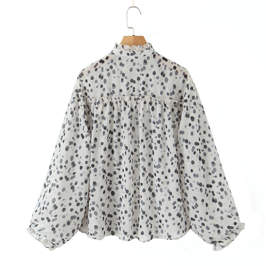 Damen nan Chiffonbluse mit Volant-Stehkragen, Bindeband, Knopfleiste und ballonförmigen Ärmeln Drune