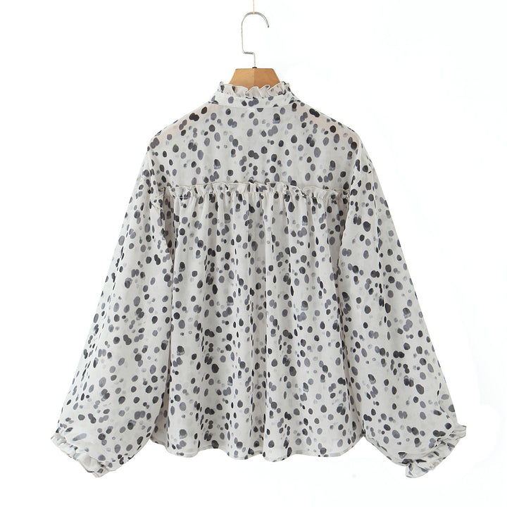 Damen nan Chiffonbluse mit Volant-Stehkragen, Bindeband, Knopfleiste und ballonförmigen Ärmeln Drune