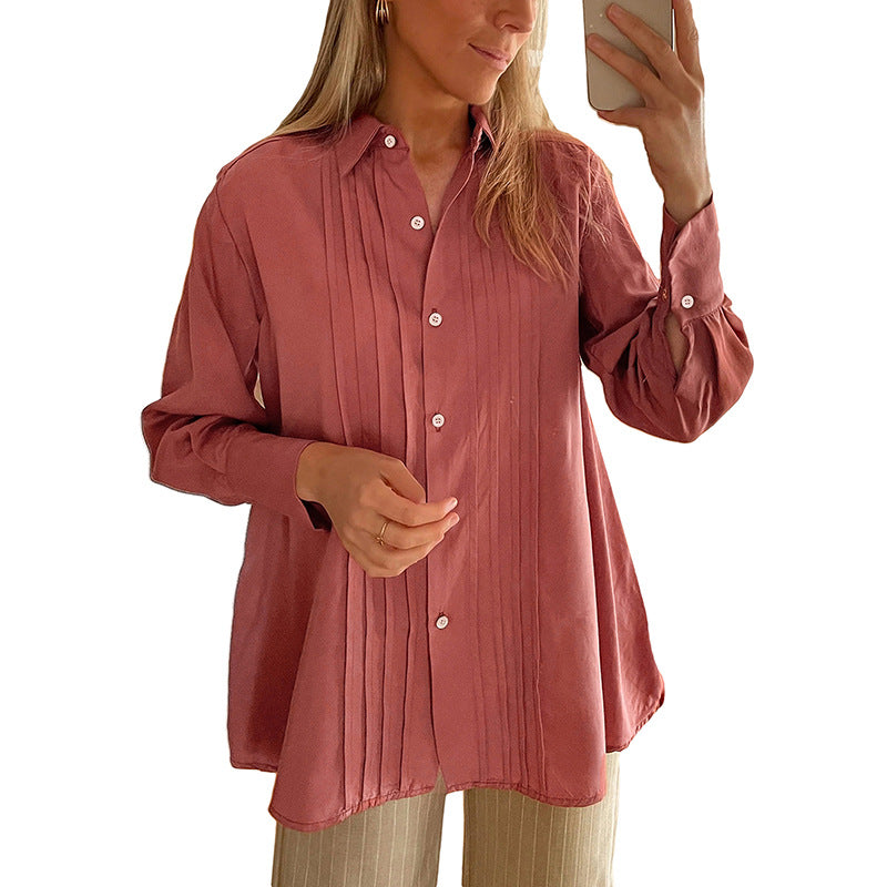 Damen Plissierte Tunika-Bluse mit Hemdkragen und lockerer A-Linien-Silhouette Drune