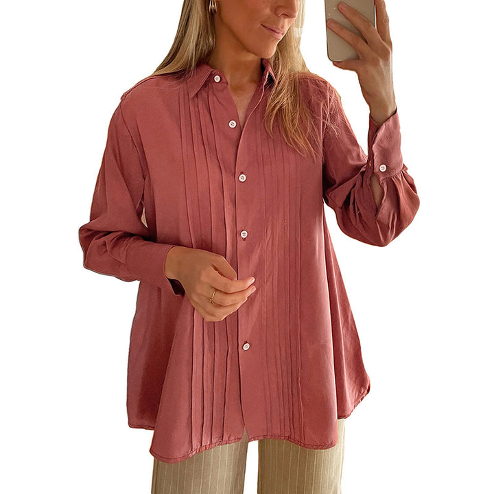 Damen Plissierte Tunika-Bluse mit Hemdkragen und lockerer A-Linien-Silhouette Drune