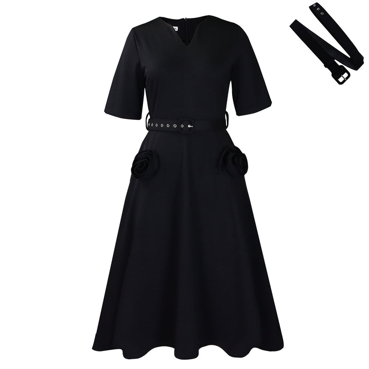 Damen elegantes Midi-Kleid mit Blumenapplikationen und Taillengürtel Drune