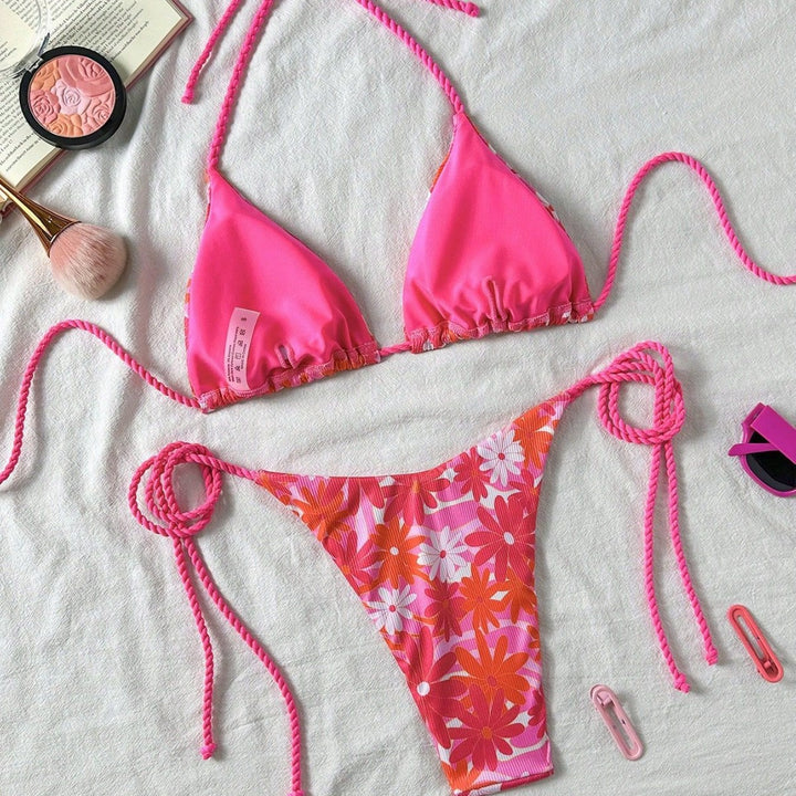 Damen Floral-Design Triangel-Bikini mit seitlichen Bindebändern Drune