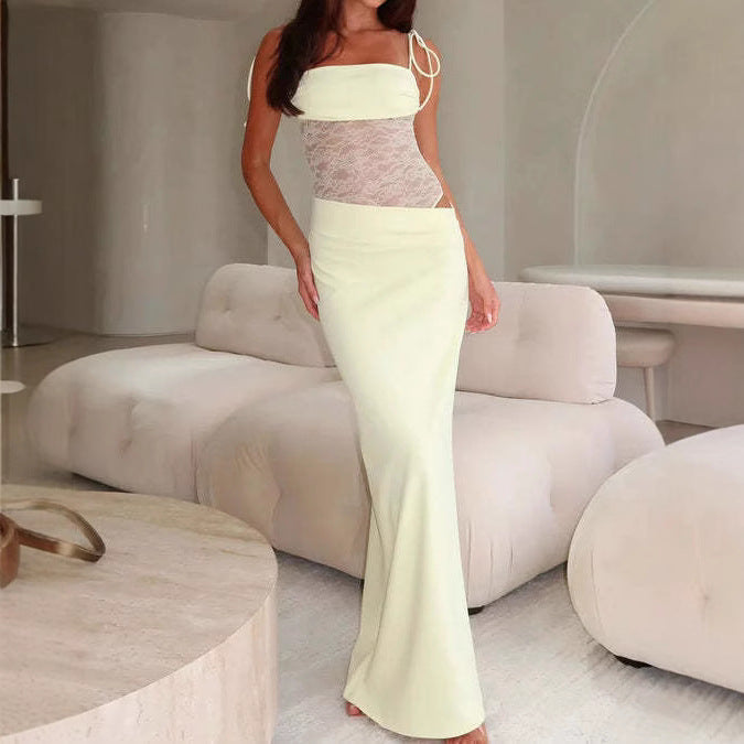 Damen nan elegantes Maxikleid mit transparentem Spitzenmieder Bandeau-Oberteil und Bindeträgern Drune