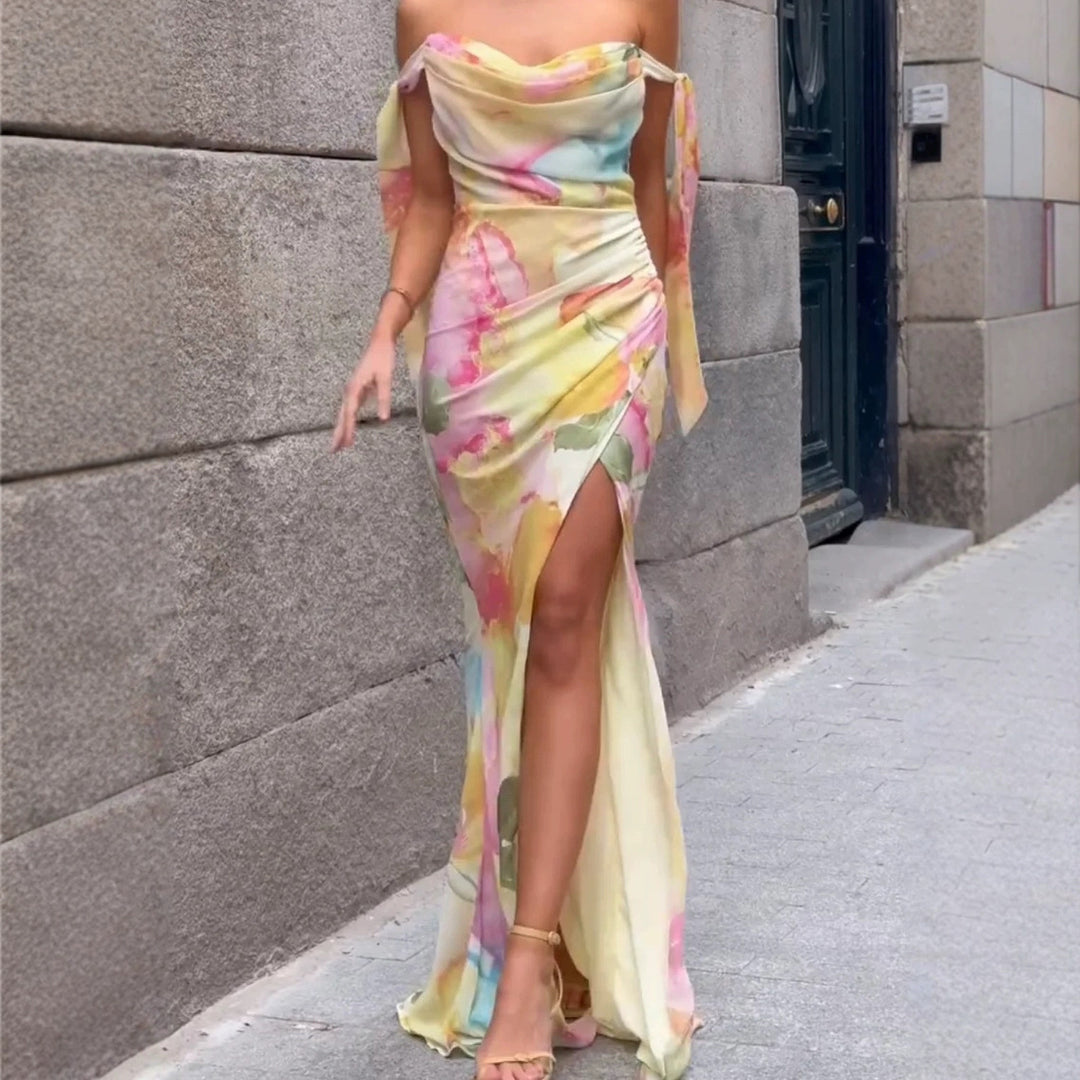 Damen Elegantes Maxikleid mit floralem Wickeldesign und schulterfreiem Schnitt Drune