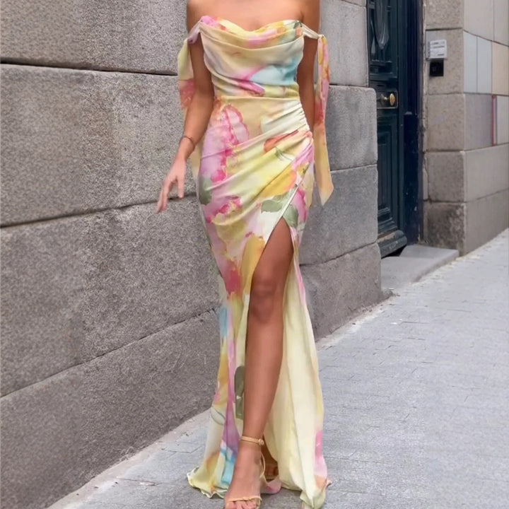 Damen Elegantes Maxikleid mit floralem Wickeldesign und schulterfreiem Schnitt Drune