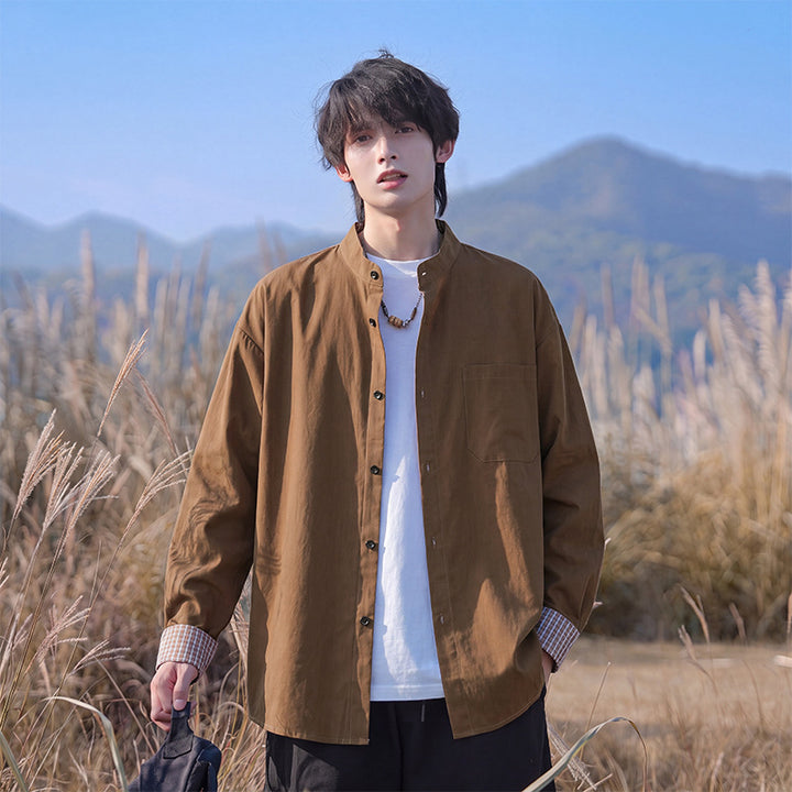 Herren Oversize-Hemd aus leichtem Baumwollmix mit Mandarinkragen und Brusttasche Drune