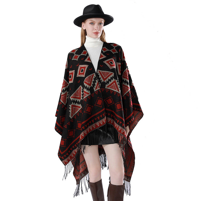 Damen Zweilagiger Kapuzen-Überwurf mit asymmetrischem Fransensaum und geometrischem Jacquard Drune