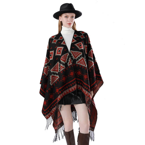 Damen Zweilagiger Kapuzen-Überwurf mit asymmetrischem Fransensaum und geometrischem Jacquard Drune