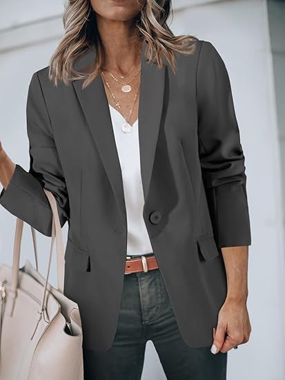Damen Leichter Stretch-Blazer mit Schalkragen, Ein-Knopf-Verschluss und dreiviertelärmeln Drune