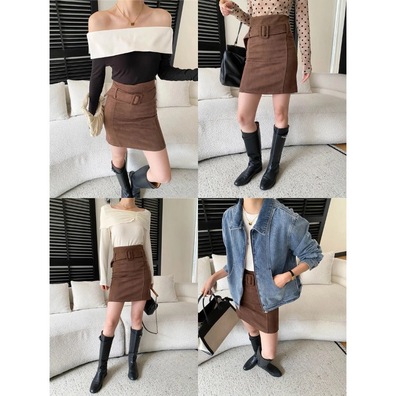 Damen eleganter Minirock aus weichem Wildleder mit breitem Bund und Gürtel Drune