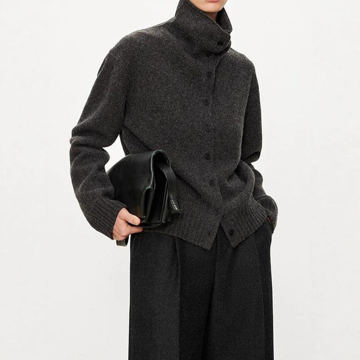 Damen modischer Strickcardigan mit hohem Kragen und Knopfleiste Drune