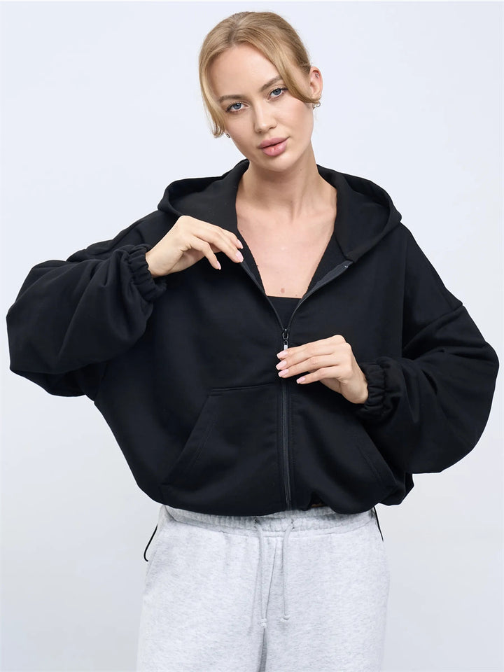 Damen legeres Cropped-Fleece-Hoodie mit Tunnelzugbund, Raglanärmeln und Reißverschluss Drune