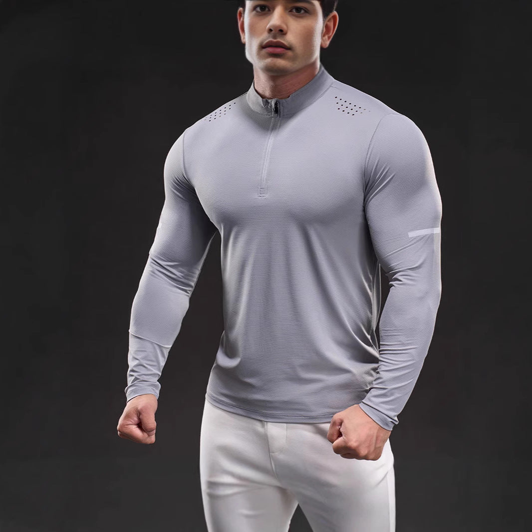 Herren Atmungsaktives Longsleeve Trainingsshirt mit Stehkragen und Kurz-Reißverschluss Drune