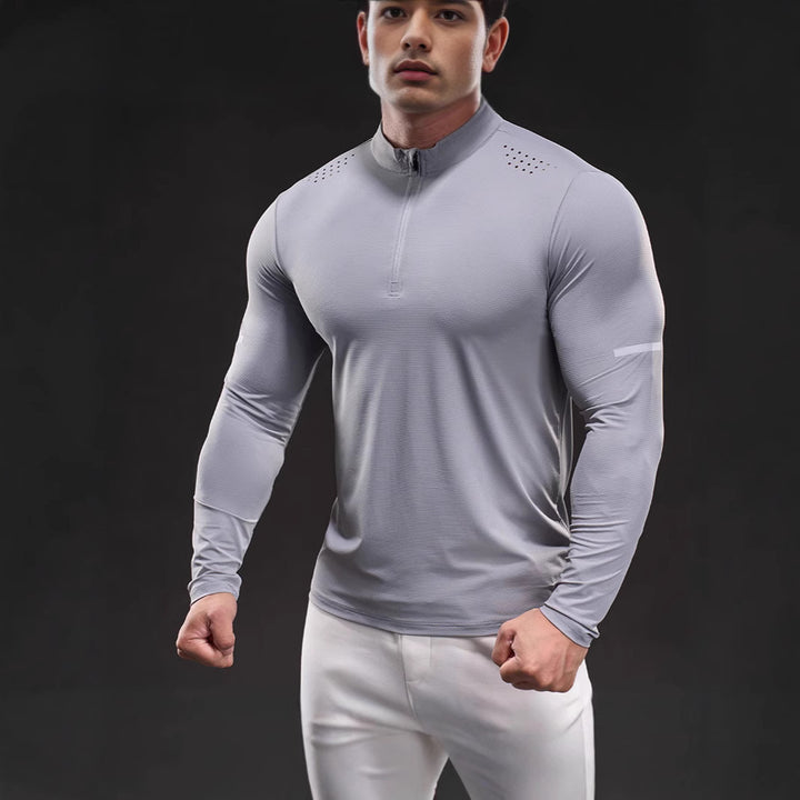 Herren Atmungsaktives Longsleeve Trainingsshirt mit Stehkragen und Kurz-Reißverschluss Drune