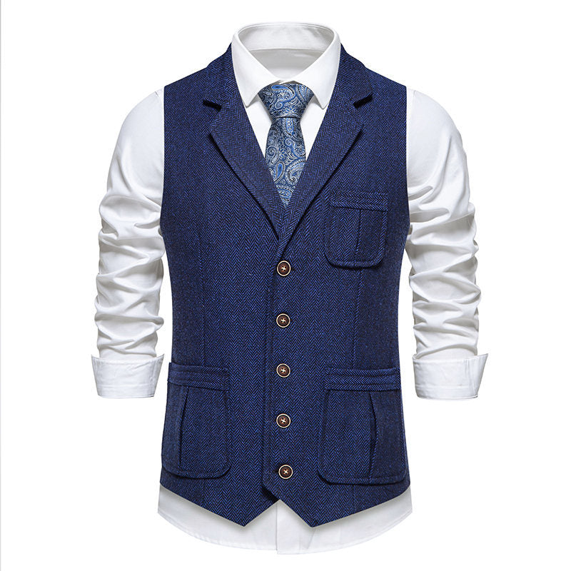 Herren Tweed‑Weste mit Fischgrätmuster, Reverskragen und aufgesetzten Taschen Drune