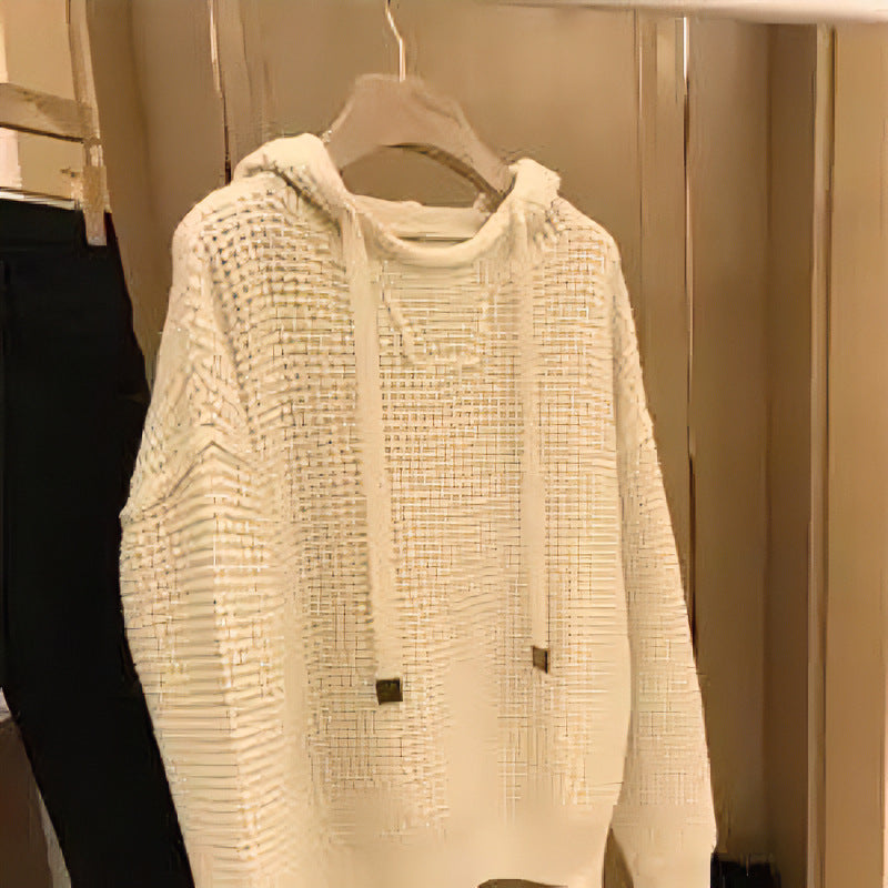 Damen Grob gestrickter Kapuzenpullover mit Waffelstruktur und Kordelzug Drune
