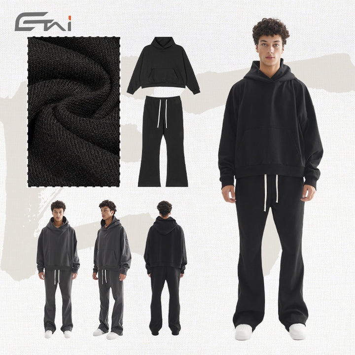 Damen Cropped-Kapuzenpullover und ausgestellte Sweathose Lounge-Set aus French-Terry Drune