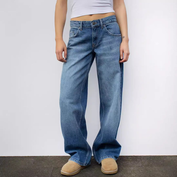 Damen nan weites Denim Hosenmodell mit tiefem Bund und weitem Schlag Drune