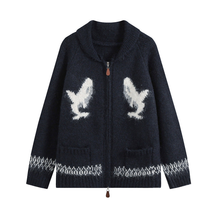 Damen Strickjacke mit Reißverschluss, Schalkragen und Wal‑Intarsien Drune