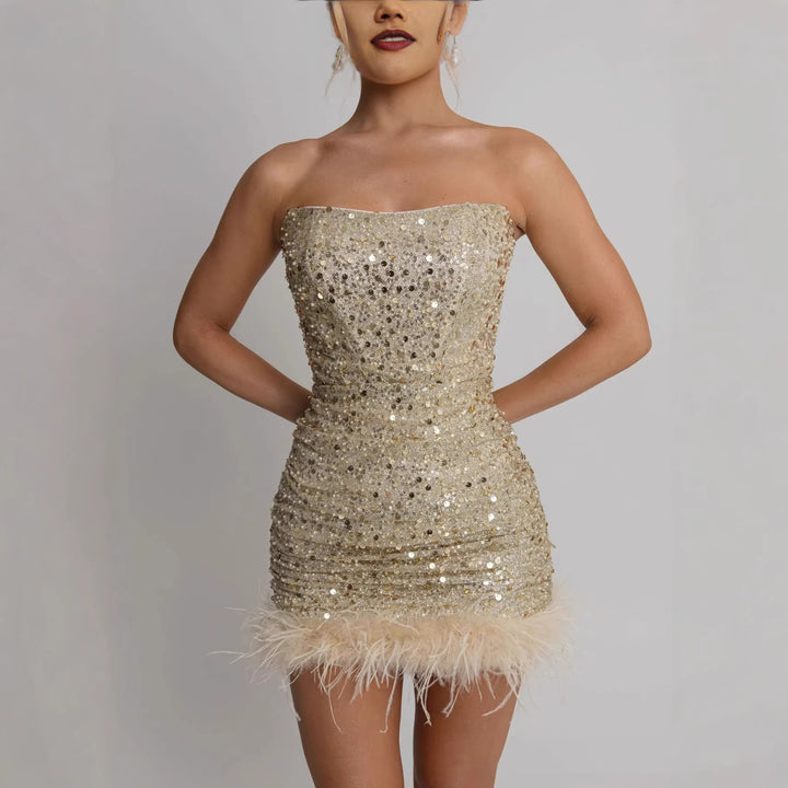 Damen Glamouröses Cocktailkleid mit Pailletten und Federkragen Drune
